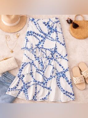 MISA Los Angeles White Blue Floral Ruffle Wrap Maxi Skirt XS NWT